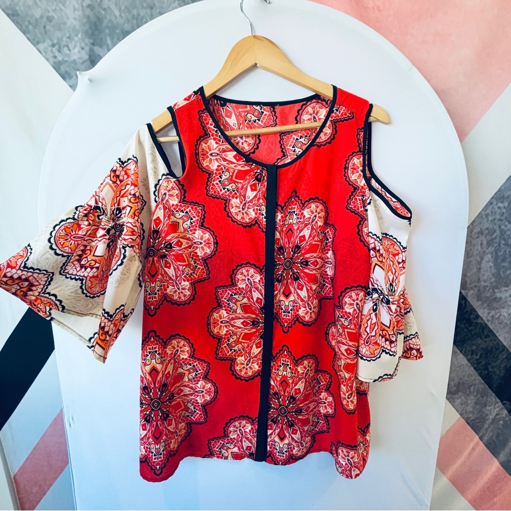 Chico's Red and Cream Floral Blouse